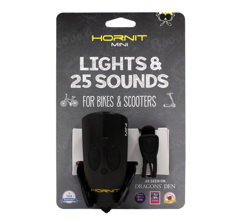 Hornit Mini, Bike & Scooter Horn and Safety Light for Children and Kids, 25 Sound Effects, 6 Light Modes: White Safety Light and Funky Green Light, Black/Black - Image 1
